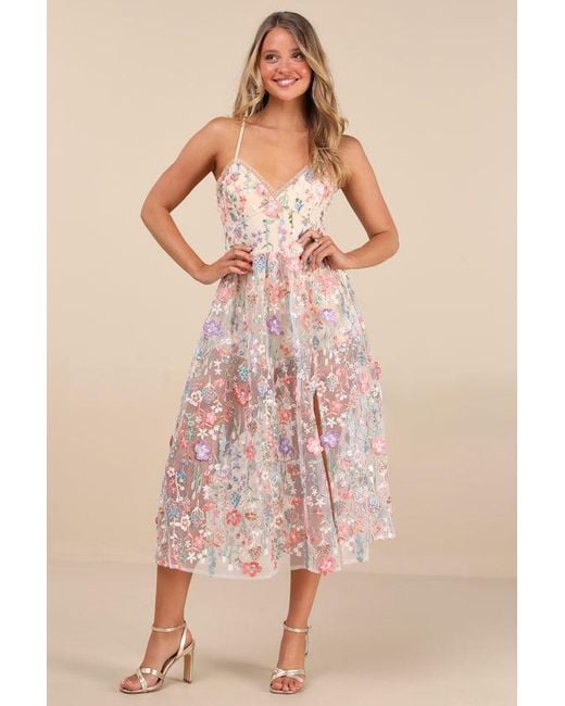 Lulus Pink Mahryn 3D Floral Embroidered Midi Bodysuit Dress