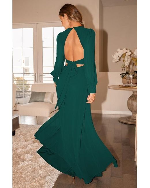 Lulus Green Talk About Divine Hunter Long Sleeve Backless Maxi Dress