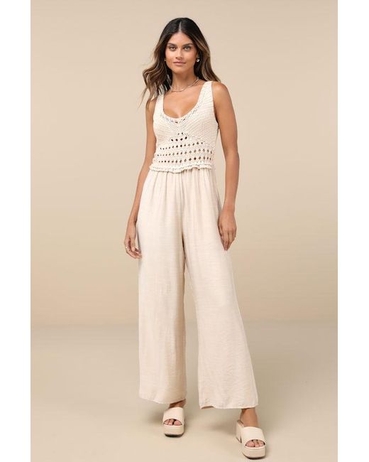 Lulus Natural Breezy Demeanor Crochet Sleeveless Wide-Leg Jumpsuit