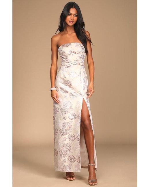Lulus Natural Redefine Regal Floral Jacquard Strapless Maxi Dress
