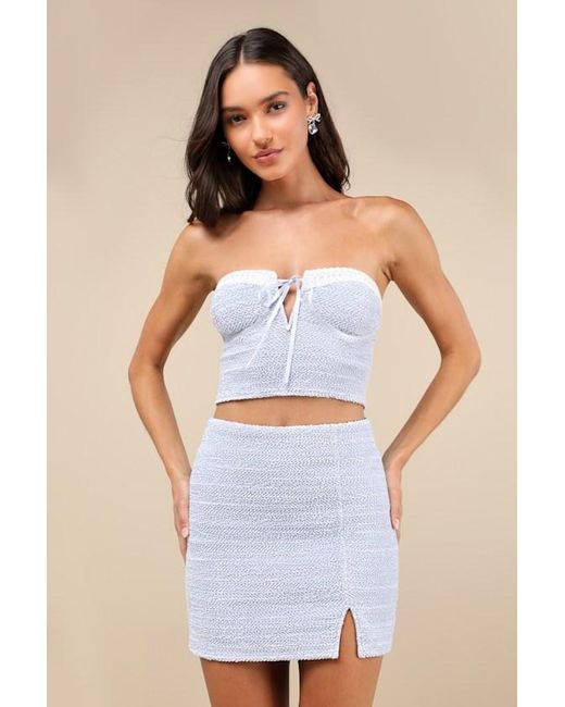 Lulus Blue Trendsetting Flirt Crinkled Strapless Bustier Bow Top