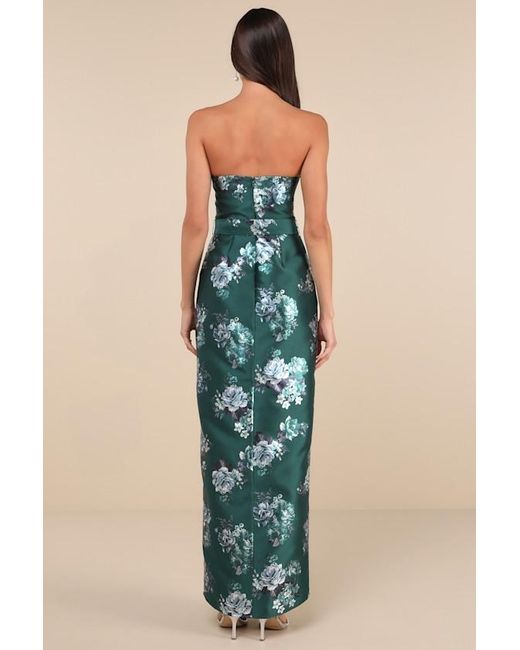 Lulus Blue Luxe Sweetie Emerald Floral Taffeta Belted Strapless Maxi Dress