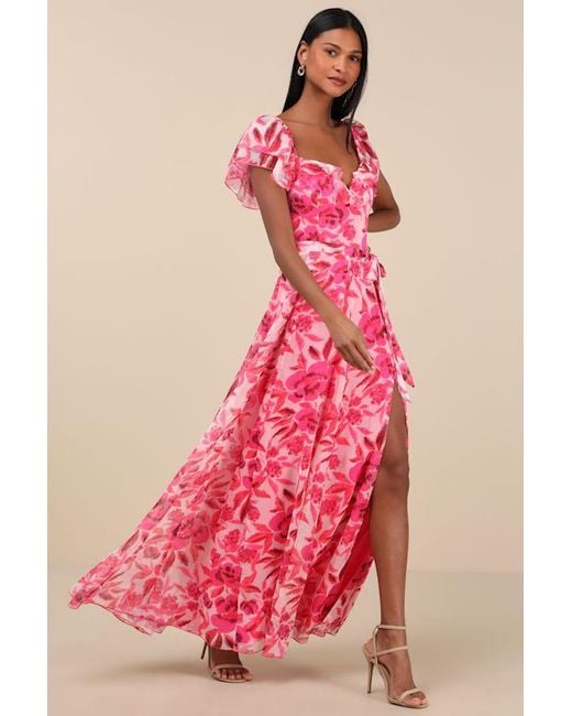 Lulus Pink Sensationally Sweeter Bright Floral Ruffled Maxi Dress