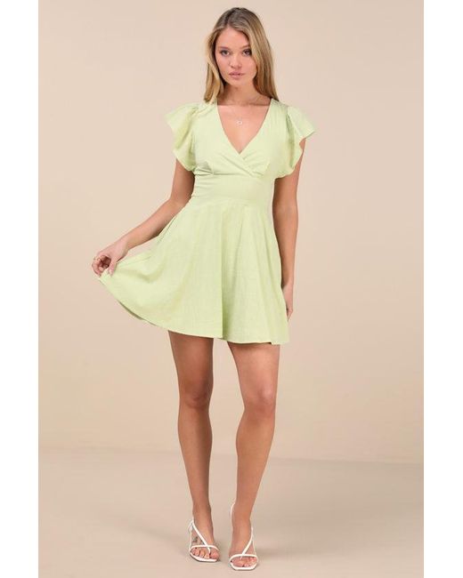 Lulus Green Sweeten Me Up Lime Flutter Sleeve Mini Dress With Pockets