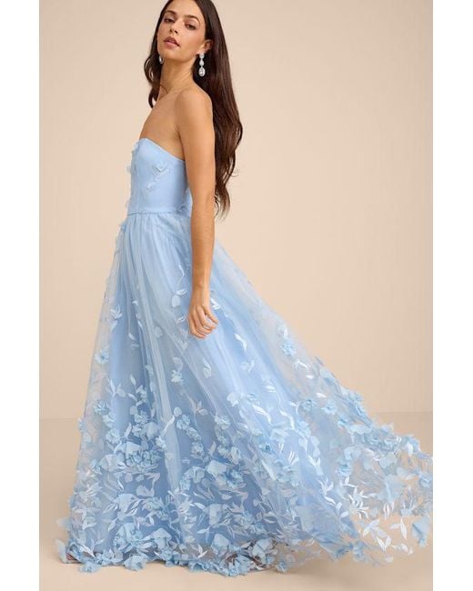 Lulus Blue Lynly 3D Floral Applique Tulle Maxi Dress