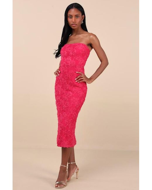 Lulus Pink Flawless Perfection Floral Applique Strapless Midi Dress