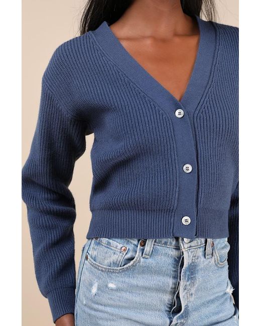 Lulus Blue Toasty Babe Knit Button-Up Cropped Cardigan
