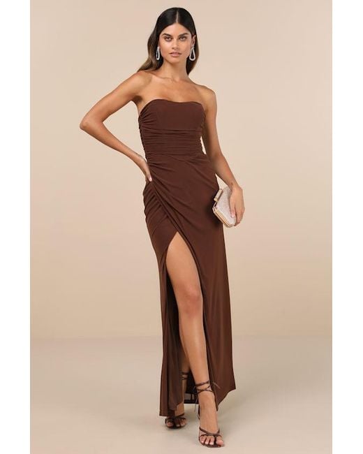 Lulus Natural Epitome Of Allure Mesh Strapless Ruched Maxi Dress