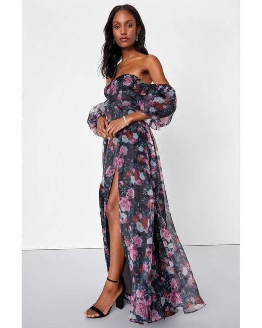 Lulus Black True Excellence Floral Bustier Off-The-Shoulder Gown