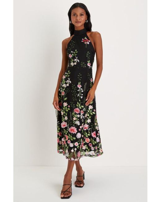 Lulus Black Blossoming Energy Floral Embroidered Halter Midi Dress