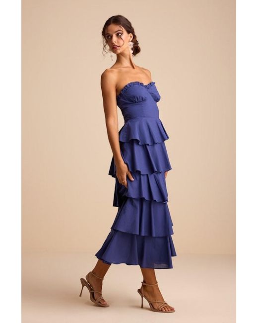Lulus Blue Nayha Strapless Tiered Midi Dress
