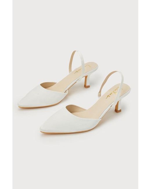 Lulus White Leith Satin Kitten Heel Slingback Pumps