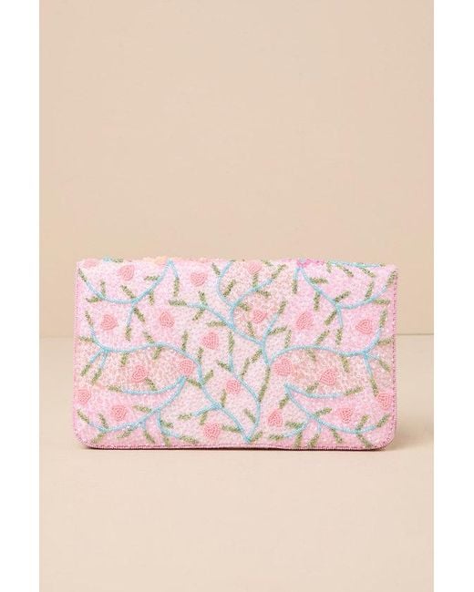 Lulus Pink Beautiful Aspirations Floral Sequin Beaded Clutch