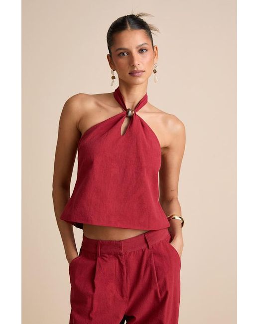 4th & Reckless Red Vivian Beaded Cotton Halter Top