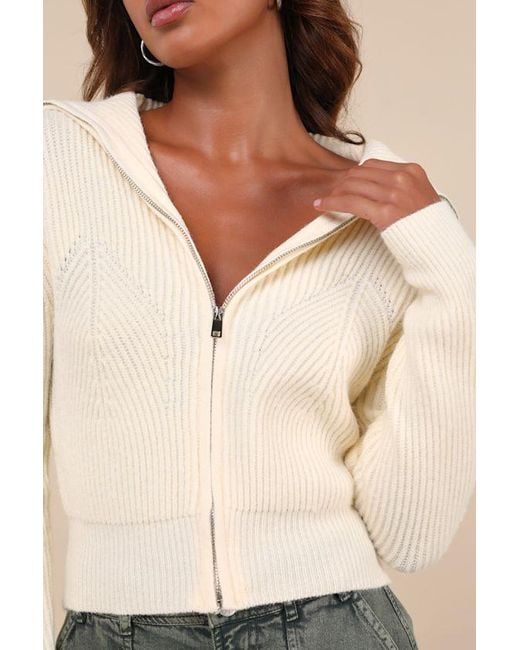 Lulus Natural Cozy Inclination Cropped Zip-Front Collared Sweater