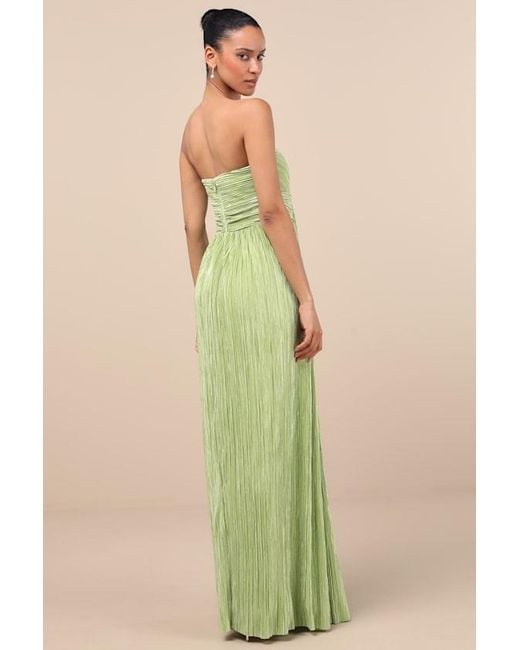 Lulus Green Oswin Lime Satin Plisse Strapless Maxi Dress