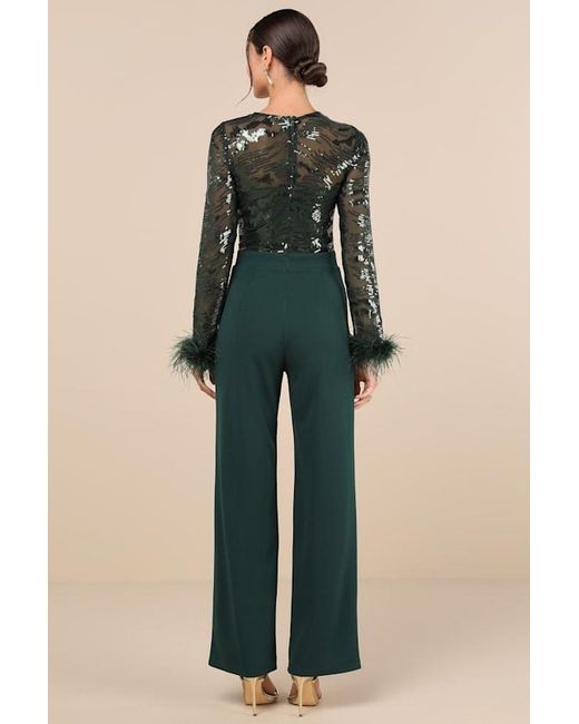 Lulus Blue Limitless Radiance Sequin Feather Long Sleeve Jumpsuit