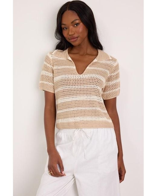 Lulus Natural Bebe Striped Crochet Collared Top