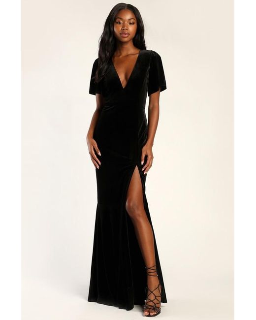 Lulus Black Elegant Evenings Velvet Flutter Sleeve Trumpet Maxi Dress