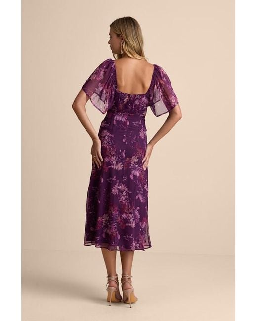Lulus Purple Valla Floral Flutter Sleeve Midi Dress