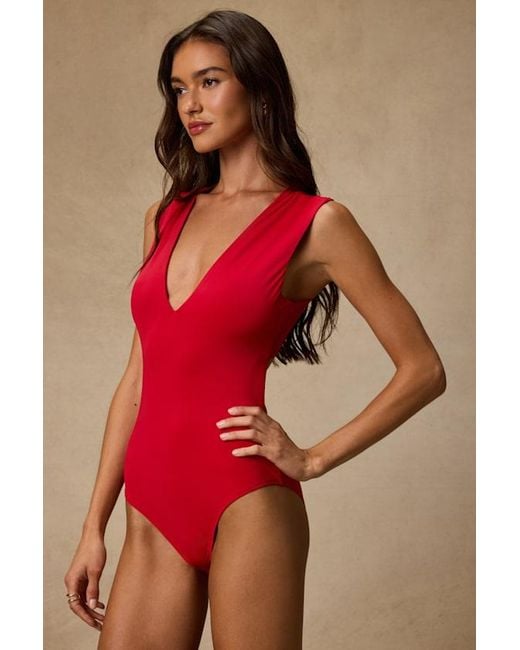 Lulus Red Emerson Slinky Knit Cross-Back Bodysuit