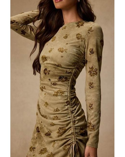 Lulus Natural Laudie Rose Print Ruched Mini Dress