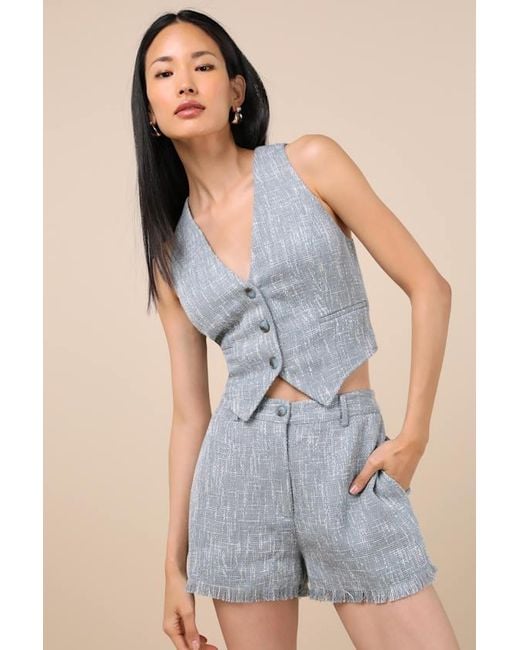 Lulus Blue Alfonsa Tweed Frayed High-Rise Shorts