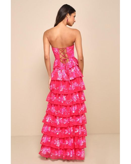Lulus Red Definite Glamour Sequin Strapless Bustier Maxi Dress