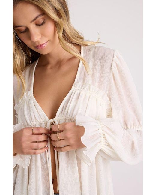 Lulus White Felicity Sheer Tie-Front Peplum Top