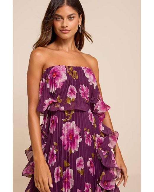 Lulus Purple Andri Floral Pleated Ruffled Maxi Dress