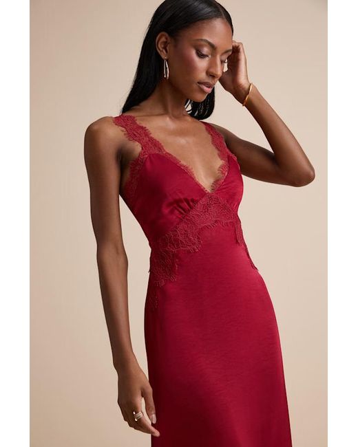 Lulus Red Alayah Satin Lace Tie-Back Midi Dress