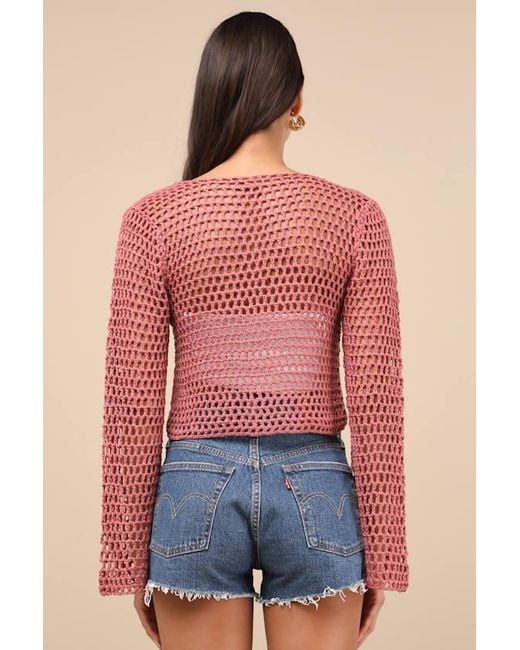 Lulus Red Saray Loose Crochet Knit Lace-Up Sweater Crop Top