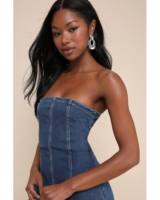 Rare London Blue Pretty Iconic Medium Wash Denim Strapless Wide-Leg Jumpsuit