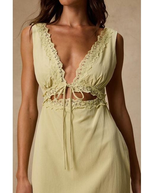 Lulus Natural Connie Light Chartreuse Lace Tie-Front Midi Dress