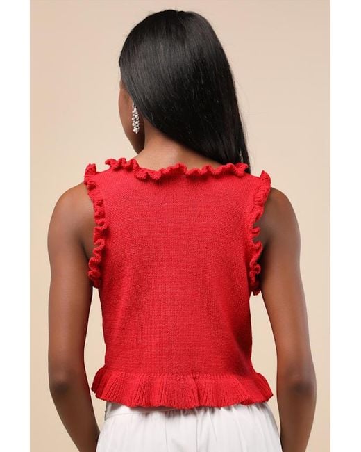 Lulus Red Smiling Sweetie Bright Knit Ruffled Sleeveless Sweater Top