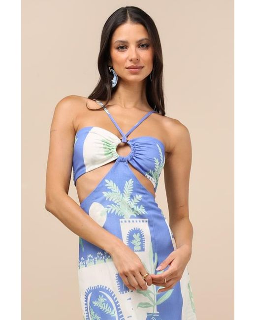 Lulus Blue Beliana Multi Print Halter O-Ring Midi Dress
