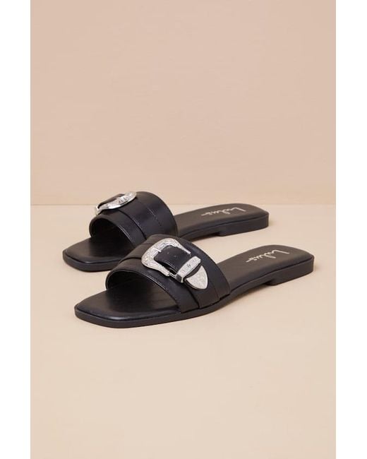 Lulus Black Nyomi Buckle Slide Sandals