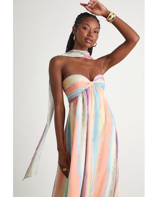 Lulus Orange Kelia Multi Striped Midi Dress And Scarf Set