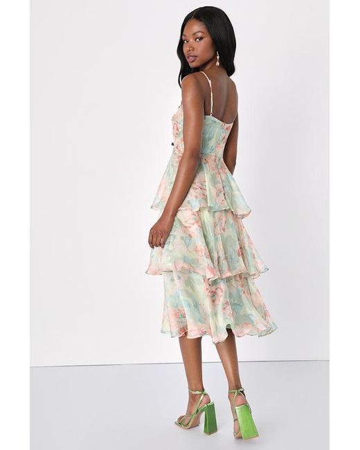 Lulus Natural Darling Aesthetic Floral Print Tiered Midi Dress
