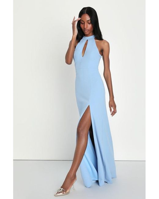 Lulus Blue Striking Elegance Bow Backless Halter Maxi Dress