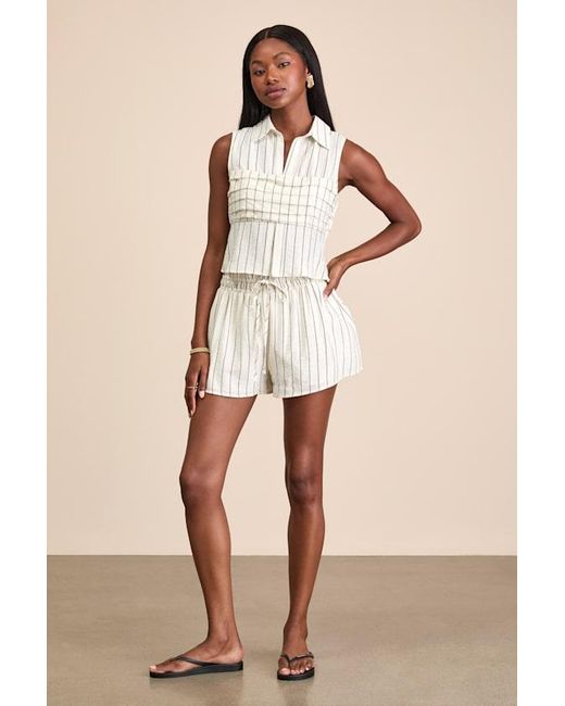 Lulus Natural Clarette Light Striped Pleated Collared Top