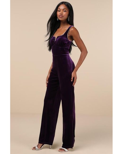 Lulus Blue Dazzling Luxury Dark Velvet Rhinestone Notched Jumpsuit