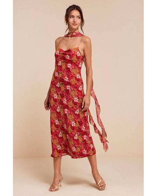 Lulus Red Rosetta Multi Floral Midi Dress And Scarf Set