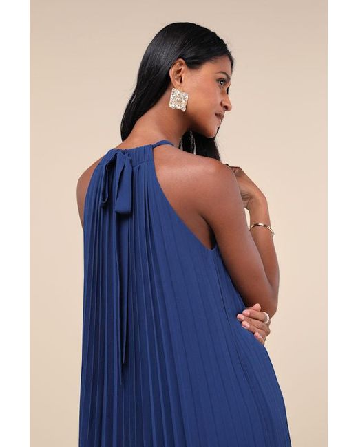 Lulus Blue Exceptionally Elegant Pleated Chiffon Maxi Dress