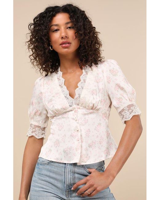 Lulus White Maryse Cream And Ditsy Floral Satin Lace Top