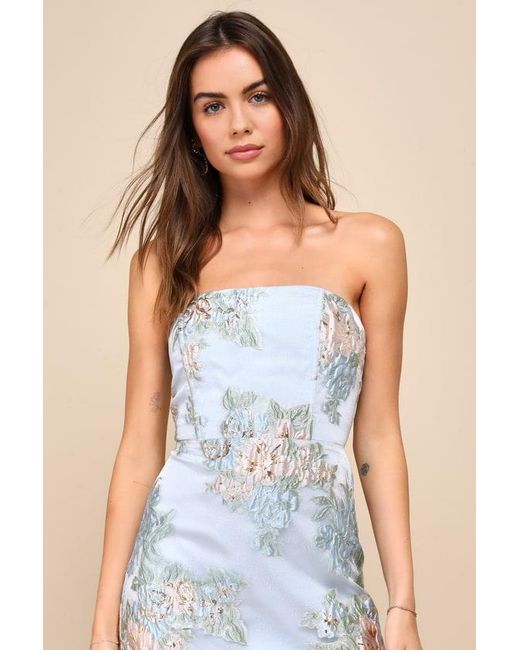 Lulus Blue Upgraded Event Jacquard Strapless Bustier Midi Dress