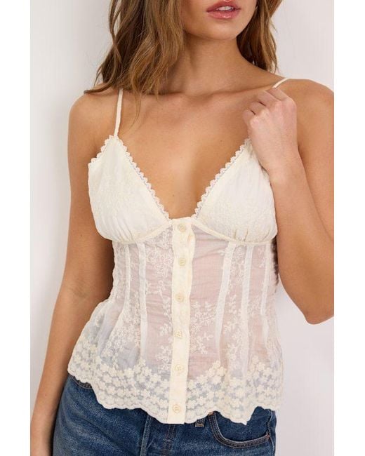 Lulus Blue Emily Cream Embroidered Button-Up Cami Top