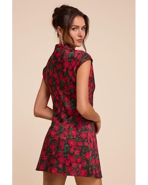 Lulus Red Ariya Multi Floral Satin Mock Neck Mini Dress