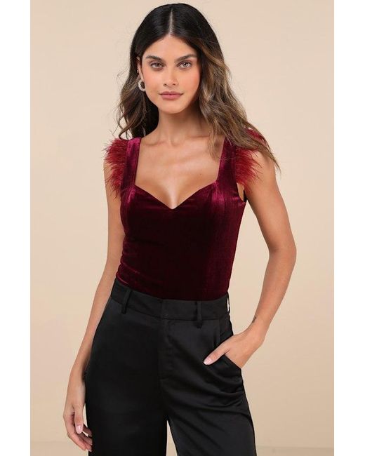Lulus Black Fabulous Vibe Plum Velvet Feather Sleeveless Bodysuit