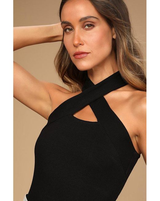 Lulus Black Essential Energy Ribbed Sleeveless Cutout Cross-Front Top